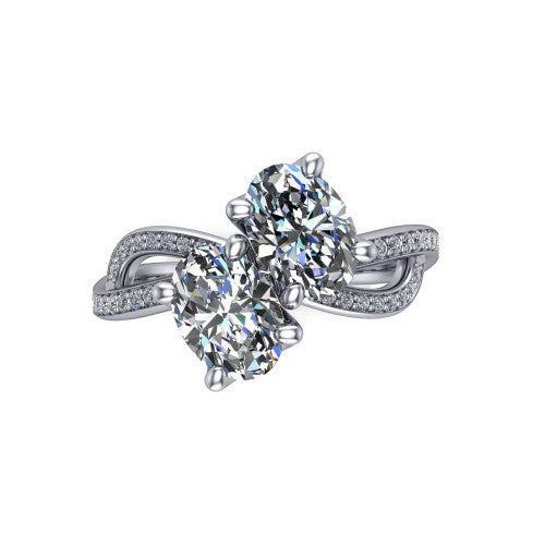 Angelina oval three stone engagement ring in Platinum, top-down view showing two brilliant oval diamonds set diagonally in a toi et moi arrangement above the infinity-loop shank