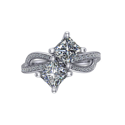 Angelina princess three stone engagement ring in Platinum, top-down view showing two brilliant princess-cut diamonds set diagonally in a toi et moi arrangement above the infinity-loop shank