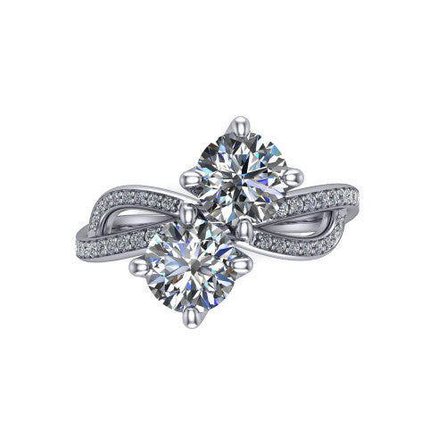 Angelina round three stone engagement ring in 18K White Gold, top-down view showing two brilliant round diamonds set diagonally in a toi et moi arrangement above the infinity-loop shank
