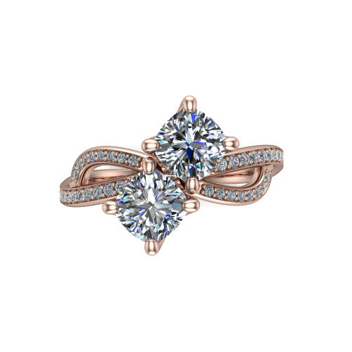 Angelina cushion three stone engagement ring in 14K Rose Gold, top-down view showing two brilliant cushion-cut diamonds set diagonally in a toi et moi arrangement above the infinity-loop shank
