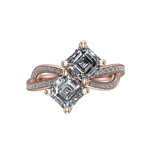 Angelina square emerald three stone engagement ring in 18K Rose Gold, top-down view showing two step-cut square emerald diamonds set diagonally in a toi et moi arrangement above the infinity-loop shank