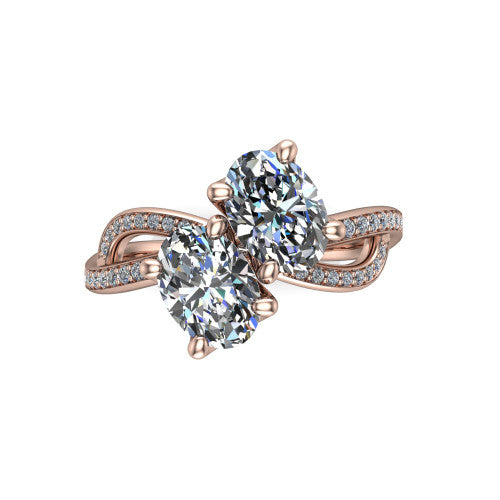 Angelina oval three stone engagement ring in 18K Rose Gold, top-down view showing two brilliant oval diamonds set diagonally in a toi et moi arrangement above the infinity-loop shank