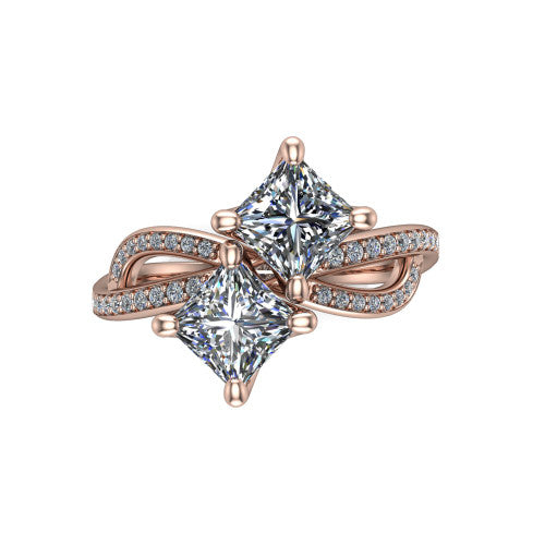Angelina princess three stone engagement ring in 14K Rose Gold, top-down view showing two brilliant princess-cut diamonds set diagonally in a toi et moi arrangement above the infinity-loop shank