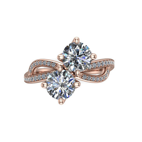 Angelina round three stone engagement ring in 14K Rose Gold, top-down view showing two brilliant round diamonds set diagonally in a toi et moi arrangement above the infinity-loop shank