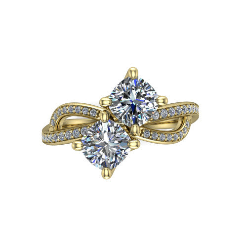 Angelina cushion three stone engagement ring in 18K Yellow Gold, top-down view showing two brilliant cushion-cut diamonds set diagonally in a toi et moi arrangement above the infinity-loop shank