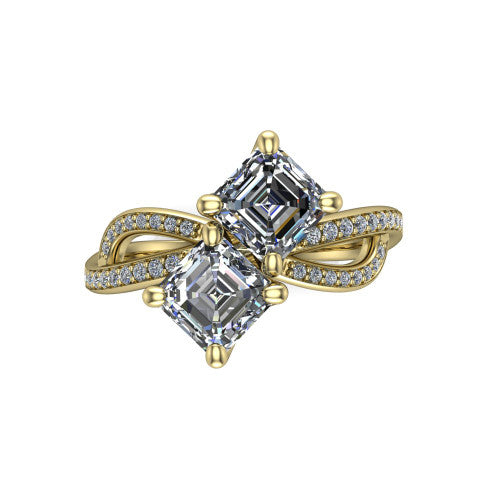 Angelina square emerald three stone engagement ring in 18K Yellow Gold, top-down view showing two step-cut square emerald diamonds set diagonally in a toi et moi arrangement above the infinity-loop shank