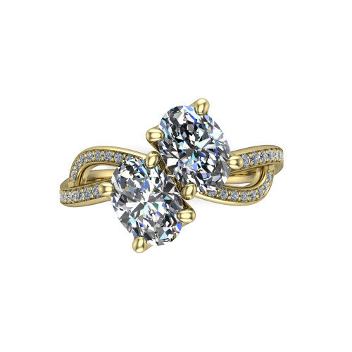 Angelina oval three stone engagement ring in 18K Yellow Gold, top-down view showing two brilliant oval diamonds set diagonally in a toi et moi arrangement above the infinity-loop shank