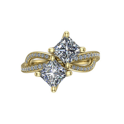 Angelina princess three stone engagement ring in 14K Yellow Gold, top-down view showing two brilliant princess-cut diamonds set diagonally in a toi et moi arrangement above the infinity-loop shank