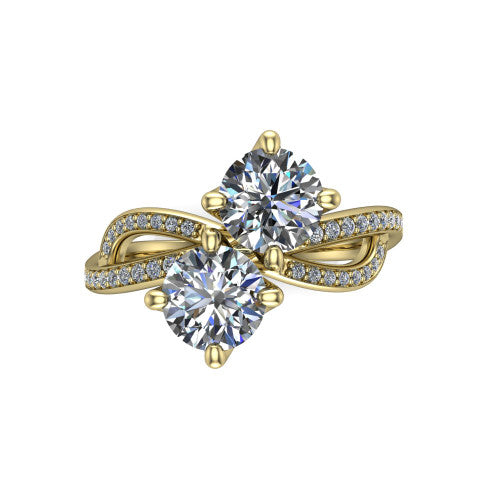 Angelina round three stone engagement ring in 18K Yellow Gold, top-down view showing two brilliant round diamonds set diagonally in a toi et moi arrangement above the infinity-loop shank