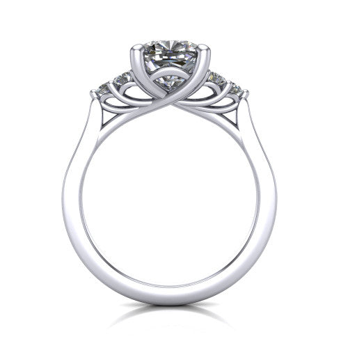 Raegan cushion three stone engagement ring in 18K White Gold, through-finger front profile showing the cluster head and tall straight basket