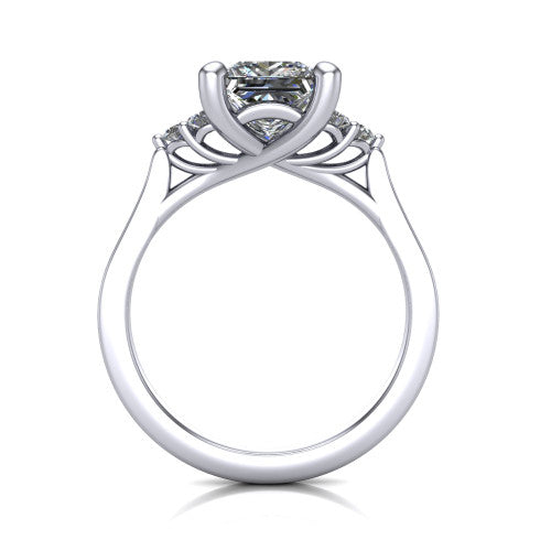 Raegan princess three stone engagement ring in Platinum, through-finger front profile showing the cluster head and tall straight basket