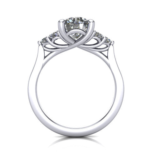 Raegan round three stone engagement ring in Platinum, through-finger front profile showing the cluster head and tall straight basket