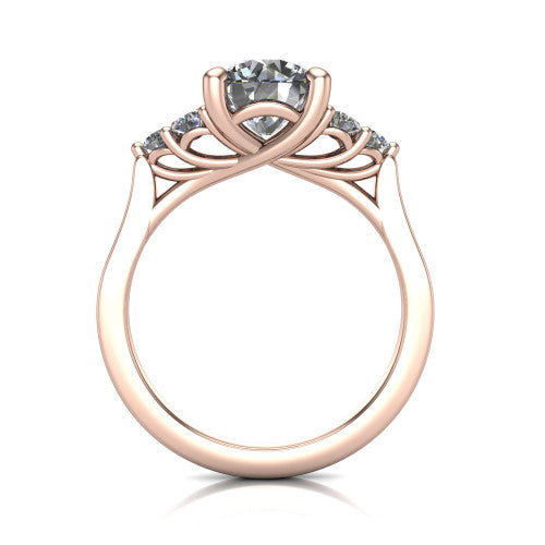 Raegan round three stone engagement ring in 18K Rose Gold, through-finger front profile showing the cluster head and tall straight basket