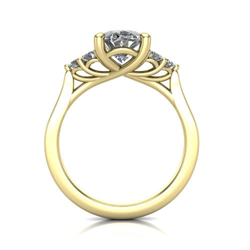 Raegan oval three stone engagement ring in 14K Yellow Gold, through-finger front profile showing the cluster head and tall straight basket
