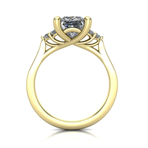 Raegan princess three stone engagement ring in 14K Yellow Gold, through-finger front profile showing the cluster head and tall straight basket