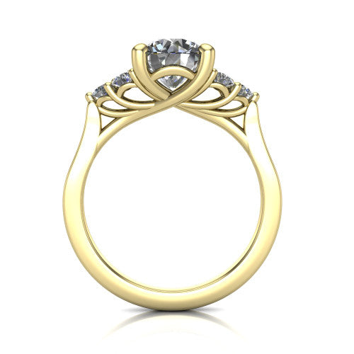 Raegan round three stone engagement ring in 18K Yellow Gold, through-finger front profile showing the cluster head and tall straight basket