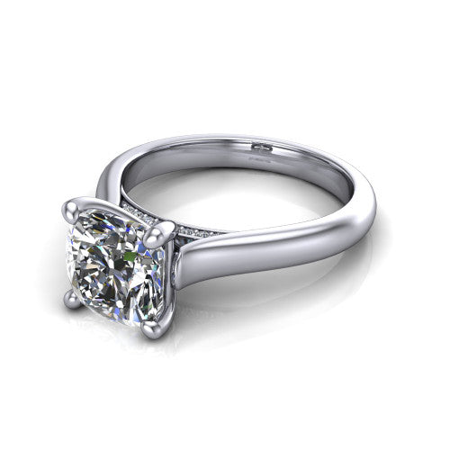 Madilyn cushion solitaire engagement ring in 14K White Gold, three-quarter perspective showing the brilliant cushion-cut center diamond on a slim polished plain band