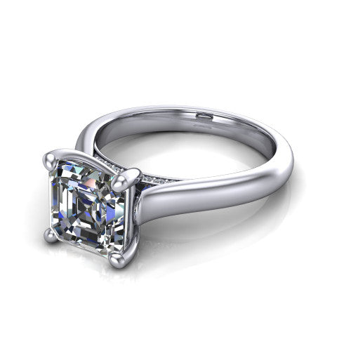 Madilyn square emerald solitaire engagement ring in 14K White Gold, three-quarter perspective showing the step-cut square emerald center diamond on a slim polished plain band