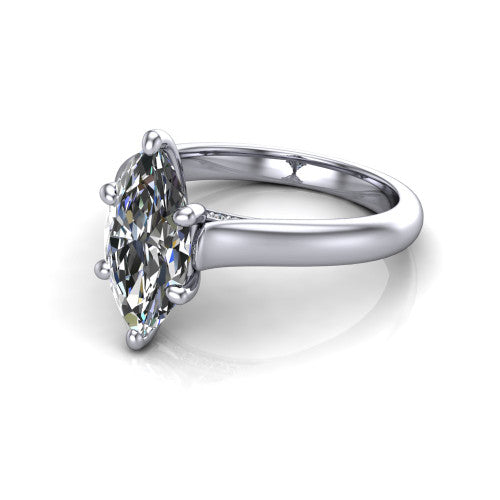 Madilyn marquise solitaire engagement ring in 18K White Gold, three-quarter perspective showing the brilliant marquise center diamond on a slim polished plain band