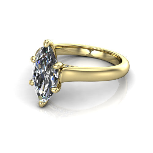 Madilyn marquise solitaire engagement ring in 14K Yellow Gold, three-quarter perspective showing the brilliant marquise center diamond on a slim polished plain band
