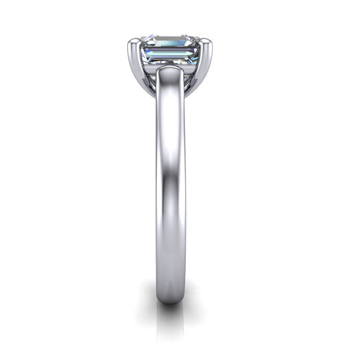 Madilyn square emerald solitaire engagement ring in 18K White Gold, side profile showing the hidden pave accent under the basket and slim polished plain band