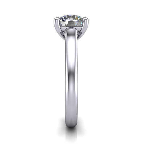 Madilyn round solitaire engagement ring in 14K White Gold, side profile showing the hidden pave accent under the basket and slim polished plain band