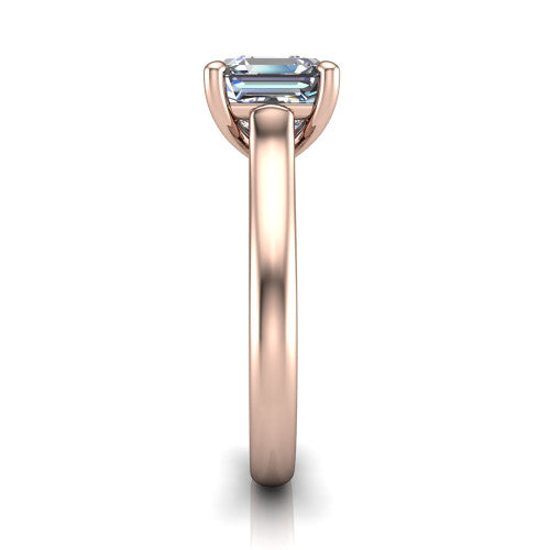 Madilyn square emerald solitaire engagement ring in 14K Rose Gold, side profile showing the hidden pave accent under the basket and slim polished plain band