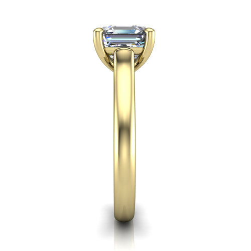 Madilyn square emerald solitaire engagement ring in 14K Yellow Gold, side profile showing the hidden pave accent under the basket and slim polished plain band