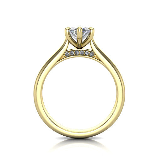 Madilyn marquise solitaire engagement ring in 14K Yellow Gold, through-finger front profile showing the hidden pave accent row beneath the basket and open under-gallery