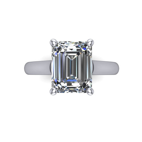 Madilyn emerald solitaire engagement ring in 18K White Gold, top-down view showing the step-cut emerald center diamond held by four prongs above the plain band