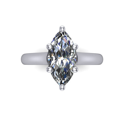 Madilyn marquise solitaire engagement ring in Platinum, top-down view showing the brilliant marquise center diamond held by four prongs above the plain band