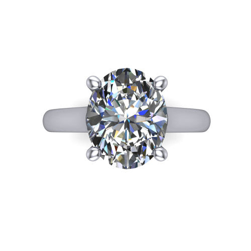Madilyn oval solitaire engagement ring in Platinum, top-down view showing the brilliant oval center diamond held by four prongs above the plain band