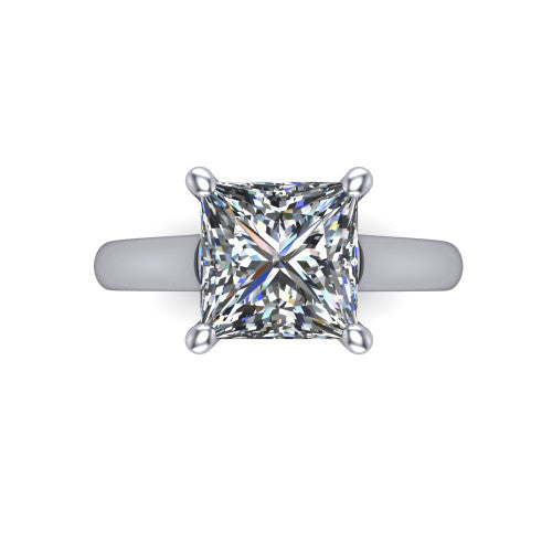 Madilyn princess solitaire engagement ring in Platinum, top-down view showing the brilliant princess-cut center diamond held by four prongs above the plain band