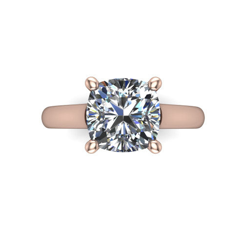Madilyn cushion solitaire engagement ring in 18K Rose Gold, top-down view showing the brilliant cushion-cut center diamond held by four prongs above the plain band