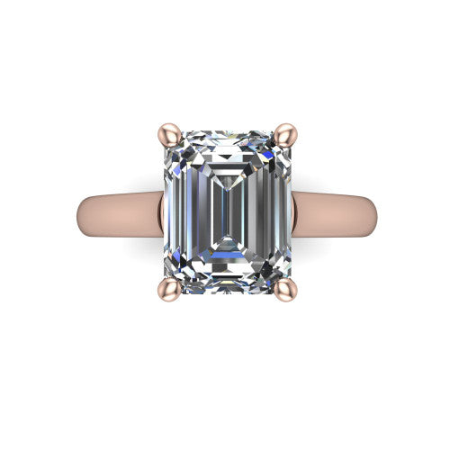 Madilyn emerald solitaire engagement ring in 14K Rose Gold, top-down view showing the step-cut emerald center diamond held by four prongs above the plain band
