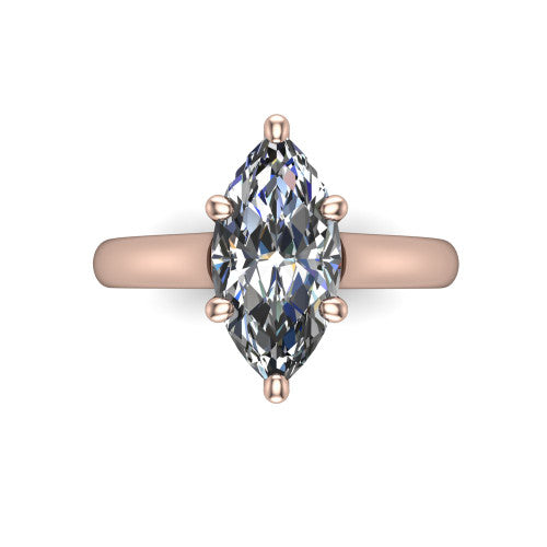 Madilyn marquise solitaire engagement ring in 18K Rose Gold, top-down view showing the brilliant marquise center diamond held by four prongs above the plain band