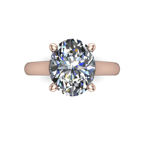 Madilyn oval solitaire engagement ring in 18K Rose Gold, top-down view showing the brilliant oval center diamond held by four prongs above the plain band