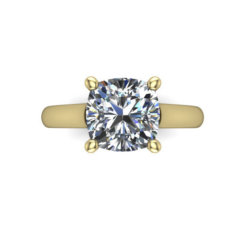 Madilyn cushion solitaire engagement ring in 18K Yellow Gold, top-down view showing the brilliant cushion-cut center diamond held by four prongs above the plain band