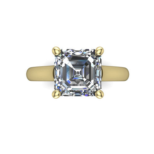 Madilyn square emerald solitaire engagement ring in 14K Yellow Gold, top-down view showing the step-cut square emerald center diamond held by four prongs above the plain band