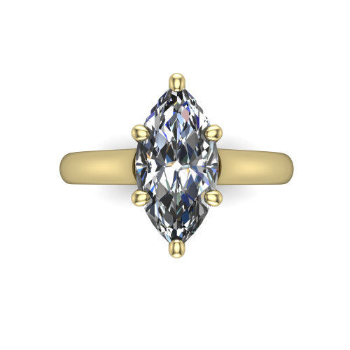 Madilyn marquise solitaire engagement ring in 18K Yellow Gold, top-down view showing the brilliant marquise center diamond held by four prongs above the plain band