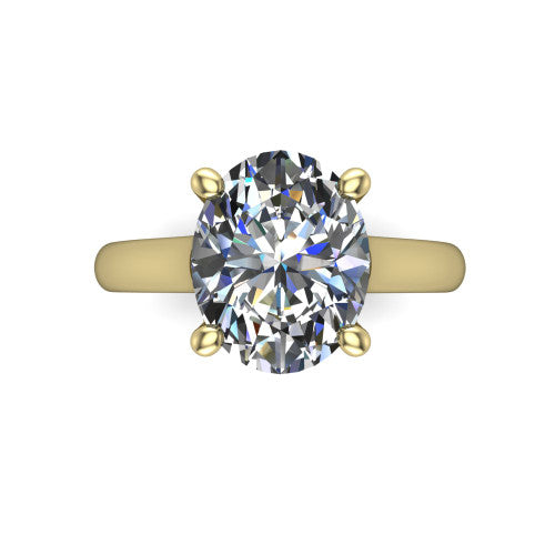 Madilyn oval solitaire engagement ring in 18K Yellow Gold, top-down view showing the brilliant oval center diamond held by four prongs above the plain band