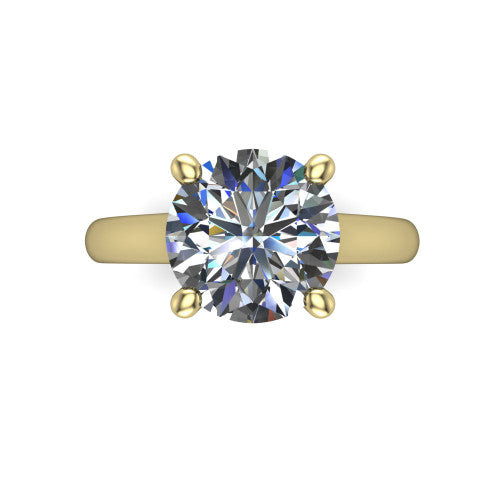 Madilyn round solitaire engagement ring in 18K Yellow Gold, top-down view showing the brilliant round center diamond held by four prongs above the plain band