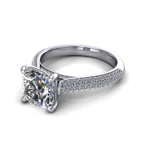Izabella cushion solitaire engagement ring in 14K White Gold, three-quarter perspective showing the brilliant cushion-cut center diamond on a 3-sided micropave diamond band