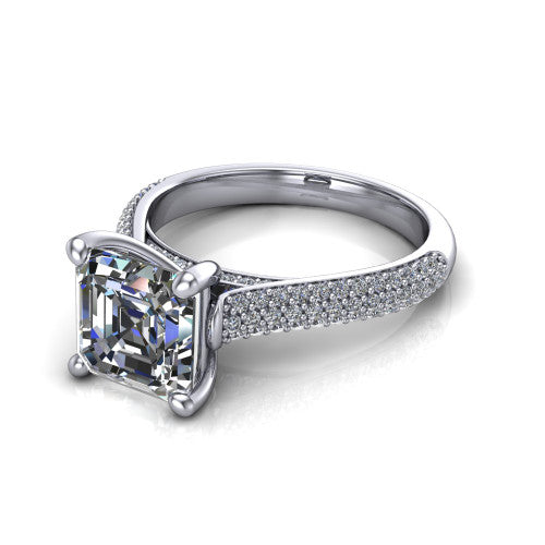 Izabella square emerald solitaire engagement ring in 18K White Gold, three-quarter perspective showing the step-cut square emerald center diamond on a 3-sided micropave diamond band