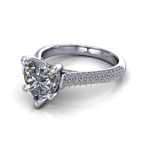 Izabella heart solitaire engagement ring in 18K White Gold, three-quarter perspective showing the brilliant heart-shaped center diamond on a 3-sided micropave diamond band