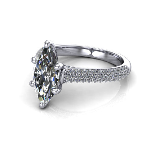 Izabella marquise solitaire engagement ring in 18K White Gold, three-quarter perspective showing the brilliant marquise center diamond on a 3-sided micropave diamond band
