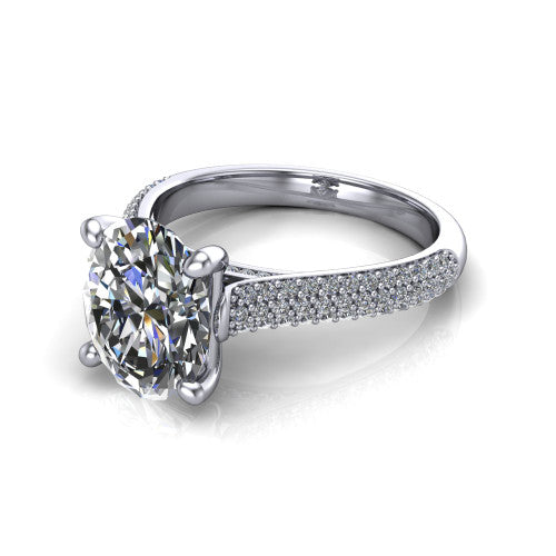 Izabella oval solitaire engagement ring in 18K White Gold, three-quarter perspective showing the brilliant oval center diamond on a 3-sided micropave diamond band