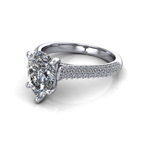 Izabella pear solitaire engagement ring in 14K White Gold, three-quarter perspective showing the brilliant pear-cut center diamond on a 3-sided micropave diamond band