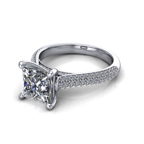Izabella princess solitaire engagement ring in 18K White Gold, three-quarter perspective showing the brilliant princess-cut center diamond on a 3-sided micropave diamond band