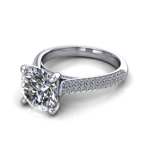 Izabella round solitaire engagement ring in 14K White Gold, three-quarter perspective showing the brilliant round center diamond on a 3-sided micropave diamond band